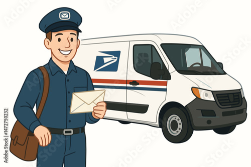 Friendly cartoon postman vector illustration. Smiling mail carrier with mailbag and envelope beside a white delivery truck. Postal service worker character design isolated.