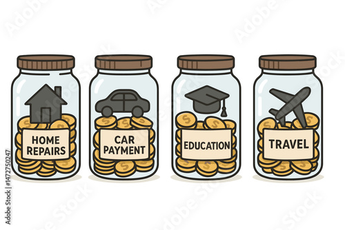 Vector set of glass savings jars filled with gold coins representing financial planning for home repairs, car payment, higher education tuition, and future travel adventures.
