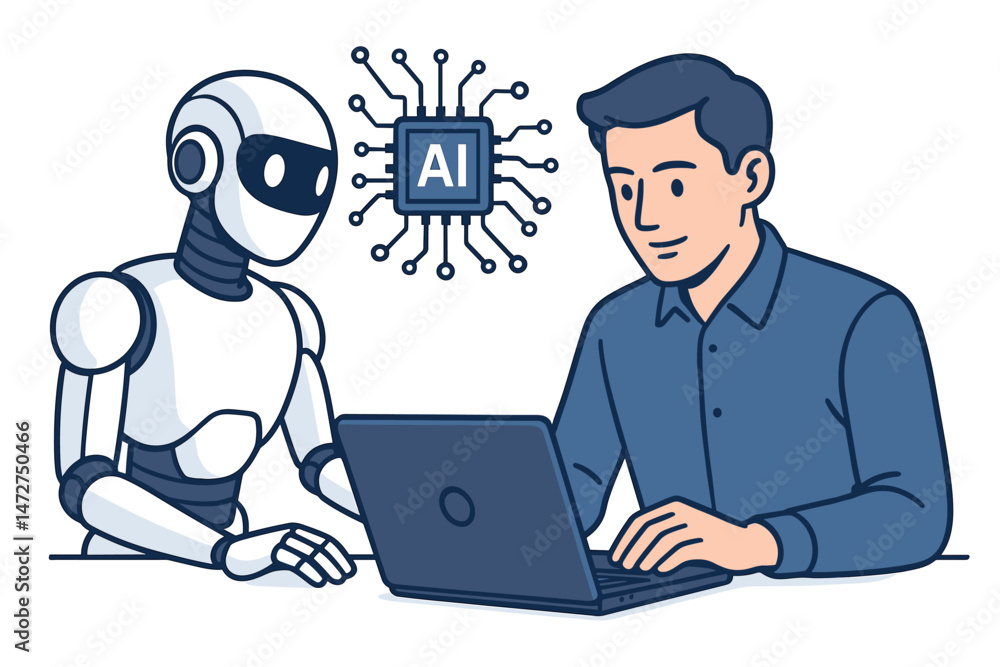 AI Collaboration Scene: Man and Humanoid Robot Working Together on Laptop Computer, Futuristic Partnership Concept with Artificial Intelligence Chip Symbol, Vector Line Art Illustration. AI Collaboration Scene: Man and Humanoid Robot Working Together on Laptop Computer, Futuristic Partnership Concept with Artificial Intelligence Chip Symbol, Vector Line Art Illustration.