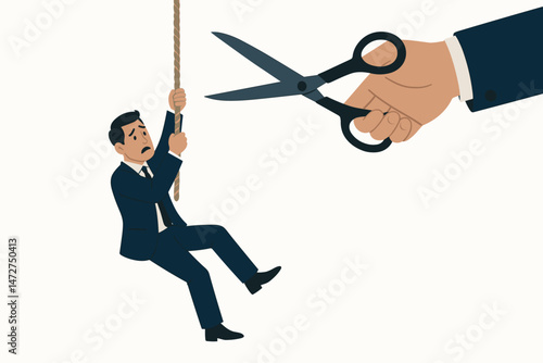 Precarious business situation concept illustration featuring scared businessman hanging from rope while large hand with scissors prepares to cut it, symbolizing job insecurity risk dismissal