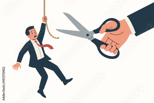 Frightened businessman dangling from a rope while a hand cuts it with scissors, a powerful metaphor for job insecurity, sudden termination, layoff, corporate risk, and betrayal.