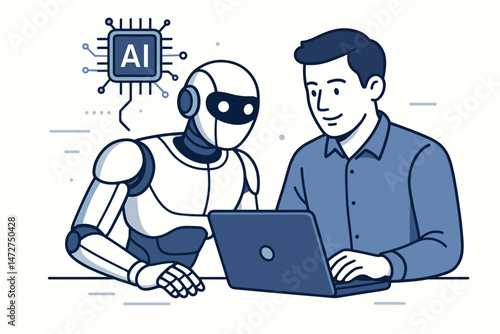 Man and AI robot using a laptop together in a flat line art style vector graphic, representing human-robot collaboration, artificial intelligence integration, future technology, and partnership.