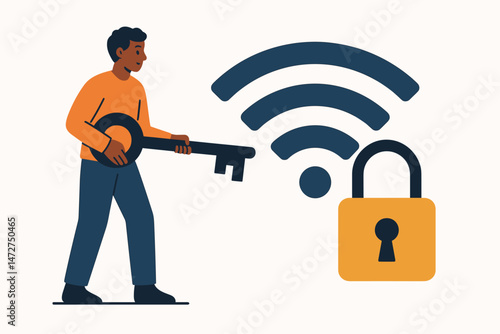 Cybersecurity illustration of a person holding a key to unlock a secure Wi-Fi connection symbol with padlock. Concept for network safety, password management, and online access.