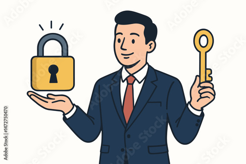Businessman holding key and padlock vector illustration symbolizing secured business opportunities, unlocking potential, finding solutions, access control, and strategic success.