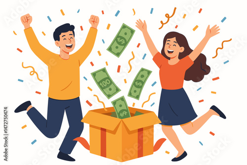 Happy man and woman jumping in celebration after winning a prize, surprised by cash flying from a box amid confetti. Vector concept for lottery success, bonus, or wealth.