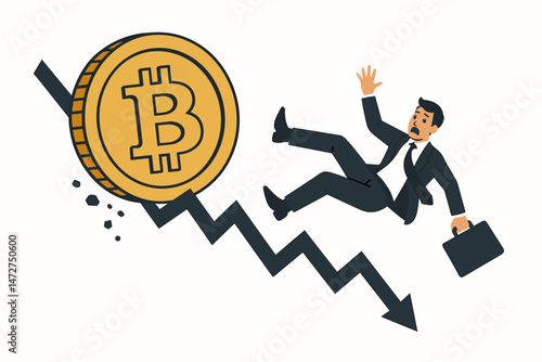 Panicked businessman crushed by a giant Bitcoin rolling down a declining chart arrow. Cryptocurrency market crash, investment loss, financial instability, and crypto risk concept vector.