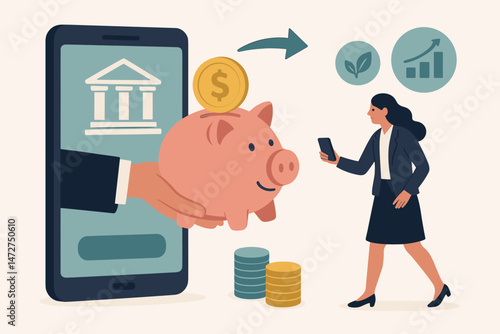 Fintech savings solution vector concept. Businesswoman uses smartphone for online banking, receiving piggy bank offer symbolizing investment growth and digital financial management.