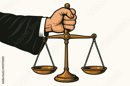 Holding the scales of justice: Detailed vector illustration of a judge's hand ensuring legal balance and fairness. Symbol of law, court, equality, and judgment representation.