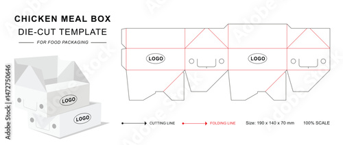 Fried Chicken Box die cut template with 3D mockup for food packaging