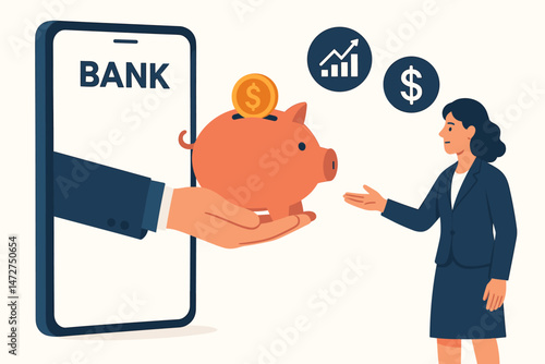 Fintech concept showing mobile banking investment offer. Hand from phone gives piggy bank to businesswoman, symbolizing digital savings and financial growth via app. Vector.