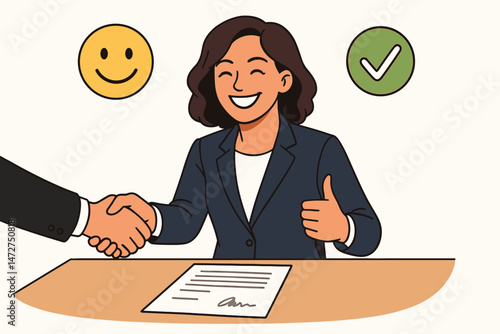 Vector illustration of successful business negotiation, businesswoman shaking hands, giving thumbs up over signed contract, symbolizing agreement, partnership, and satisfaction.