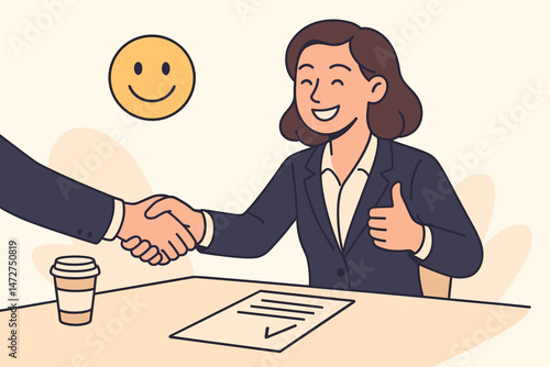 Smiling businesswoman finalizing successful deal with handshake and thumbs up gesture. Vector graphic showing positive outcome of business negotiation, signed contract, and partnership.