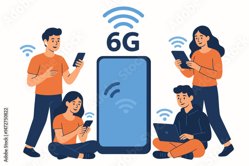 Futuristic 6G network connection concept vector with diverse people using smartphone, tablet, and laptop for high-speed wireless communication and internet access illustration.