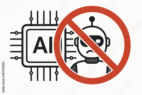 AI ban concept vector icon with a prohibition symbol over a cartoon robot and a microchip, representing the dangers, ethics, regulation, and societal fear of advanced technology.