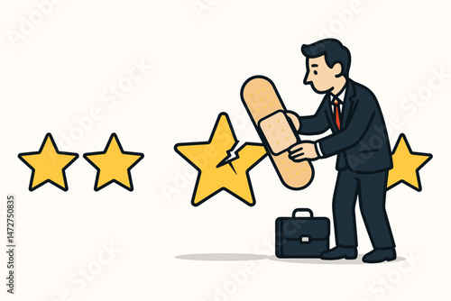 Businessman Mending Customer Trust by Applying Band-Aid to Broken Star Rating - Concept for Reputation Management, Feedback Repair, and Service Recovery Vector Illustration.