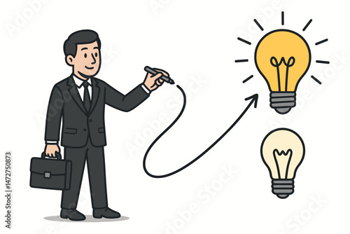 Vector illustration of a businessman finding a solution, drawing a path from a weak idea (dim lightbulb) to a strong, bright, innovative concept, symbolizing progress and clarity.