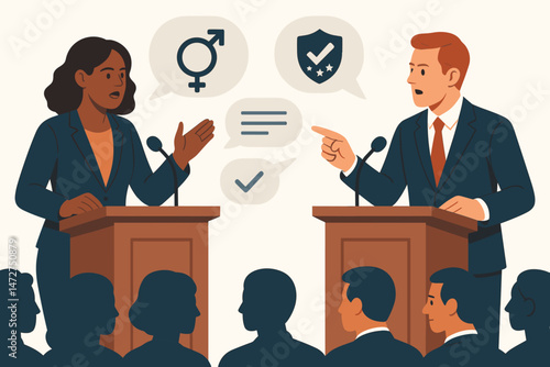 Man and woman politicians debating campaign issues such as gender equality and defense strategy during an electoral debate scene with audience, flat vector graphic style illustration.