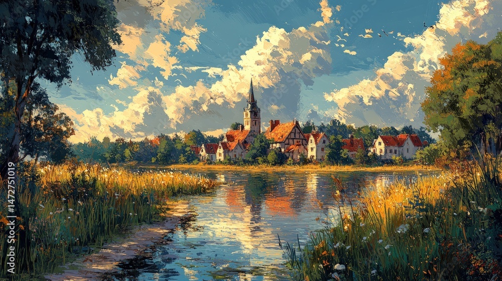 Serene village by a tranquil lake under a vibrant sky. Lush foliage, charming buildings, and reflective waters create a peaceful ambiance Serene village by a tranquil lake under a vibrant sky. Lush foliage, charming buildings, and reflective waters create a peaceful ambiance