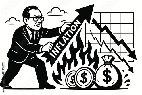 Vector graphic concept of businessman managing economic crisis, pushing back against rising inflation arrow as money burns and market chart plummets downward in finance trouble.