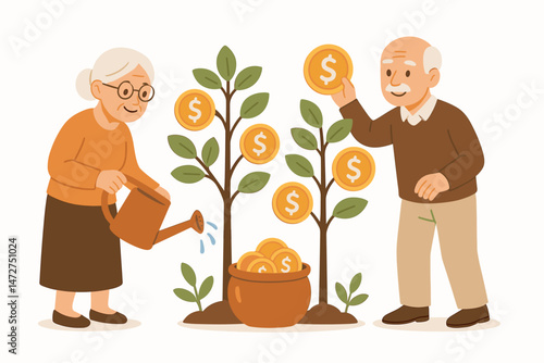Happy retired couple cultivating financial growth: Seniors watering and picking dollar coins from money trees, illustrating savings and investment success for retirement planning.