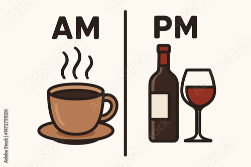 AM Coffee PM Wine concept vector illustration. Funny daily routine graphic showing morning hot coffee cup versus evening red wine bottle and glass. Day and night beverage contrast.
