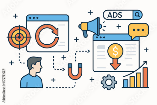 Vector illustration showcasing digital marketing concepts including online advertising, customer journey mapping, lead attraction, website conversion, cost management, and data analysis growth