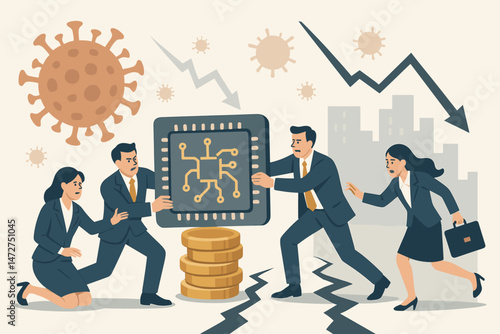 Illustration depicting the global semiconductor shortage crisis impact on business. Team struggles with microchip amid pandemic virus, economic decline, and financial instability.
