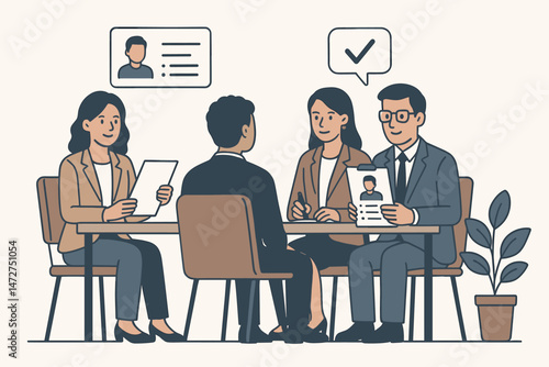 Human resources team conducting a panel job interview, reviewing candidate's resume and qualifications for employment. Recruitment process and hiring selection vector concept.