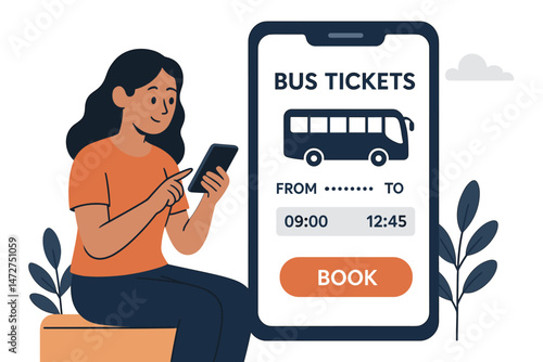 Woman booking bus tickets online using a mobile app on her smartphone. Vector illustration concept for travel and transportation reservation systems, modern digital convenience.