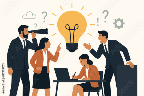 Business teamwork and creative ideation concept vector illustration. Diverse professionals collaborating, brainstorming solutions, planning strategy with lightbulb and telescope symbols.