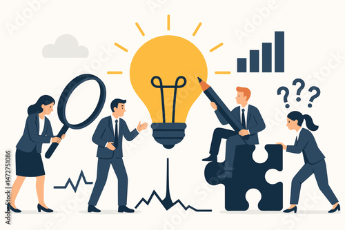 Teamwork Concept Vector Illustration Showing Business People Collaborating on Ideas, Problem Solving, Analysis, and Strategy using Lightbulb, Puzzle, Pencil, Magnifying Glass.