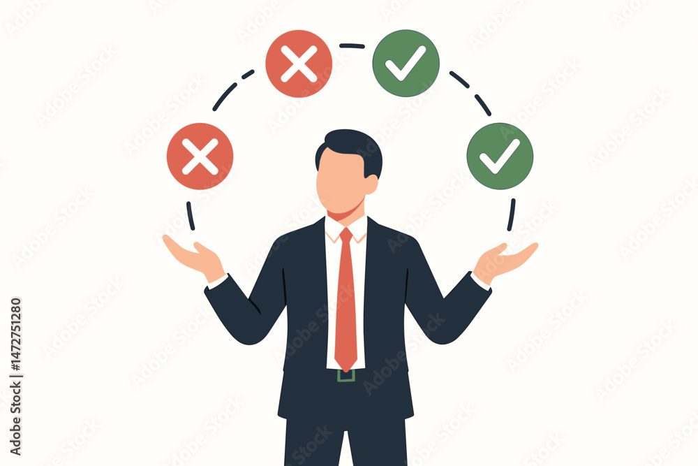 Businessman juggling checkmark and cross icons vector illustration. Represents making decisions, balancing choices, managing tasks, evaluating options, and business strategy concept. Businessman juggling checkmark and cross icons vector illustration. Represents making decisions, balancing choices, managing tasks, evaluating options, and business strategy concept.