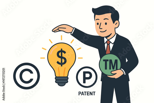 Businessman presenting intellectual property concepts vector illustration. Visualizing copyright, patent, trademark protection, and monetizing innovative business ideas symbol icon set.