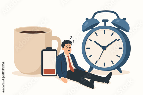Burnout syndrome concept with overworked and exhausted businessman, low energy battery, coffee dependency, and time pressure illustrated by an alarm clock in flat vector style.
