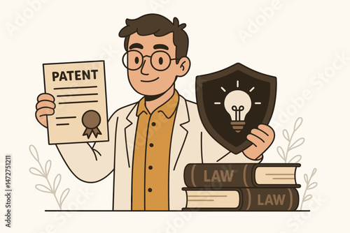 Inventor securing intellectual property rights with patent document and protective shield symbolizing innovation protection, copyright law, and safeguarding creative ideas illustration.