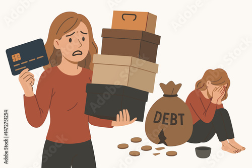 Financial crisis concept vector illustration showing a woman struggling with shopping addiction, holding credit card and boxes, overwhelmed by debt and despair symbolized by a crying figure.