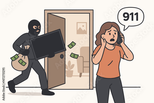 Terrified woman alerts police calling 911 during home invasion as masked burglar escapes with stolen television and money bag, vector crime illustration concept design.