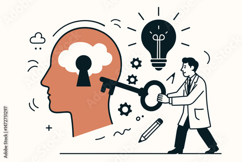 Flat line art vector illustration of professional unlocking human mind with key. Concept for creative thinking, psychology, therapy, brainstorming, problem-solving, innovation, mental health.