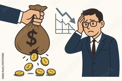 Businessman in despair watching coins leak from money bag alongside declining financial graph representing investment loss, economic crisis, debt, and business failure vector.
