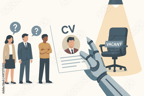 Robot hand reviewing candidate CV for vacant job opening illustration. AI recruitment automation concept showing diverse applicants uncertain about future HR technology and selection process.