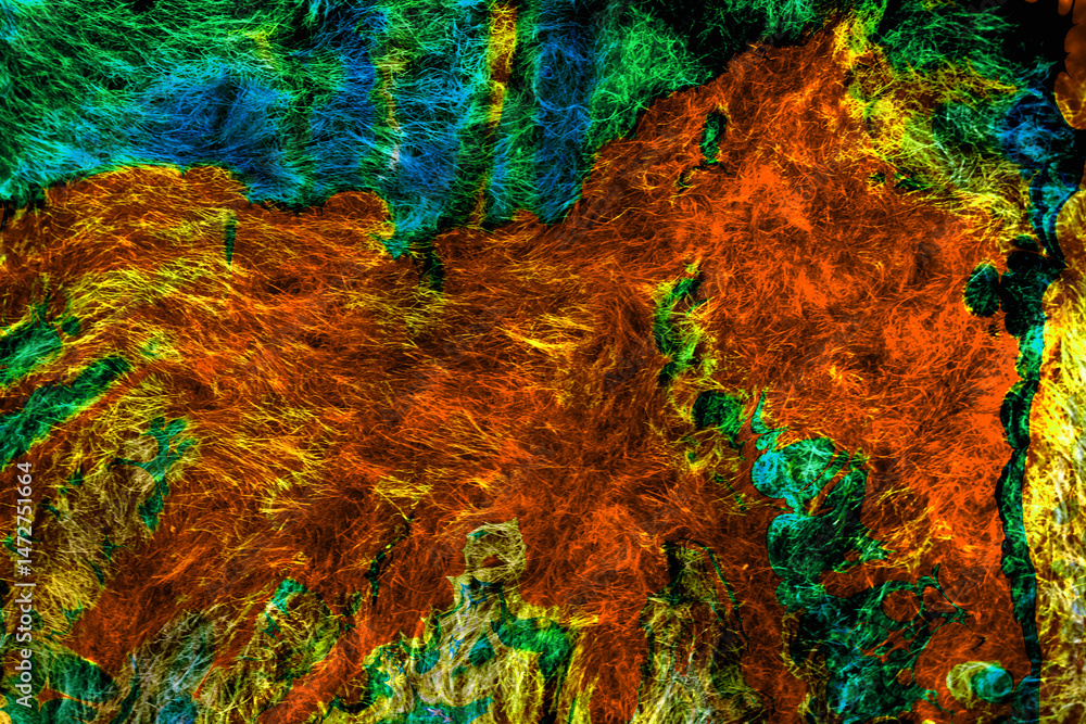Naklejka premium Radiant abstract with fiery reds and yellows fading into light blues, evoking energy movement across a cracked terrain. The surface simulates dry earth meeting atmospheric plasma in a surreal