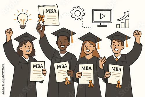 Diverse group of happy MBA graduates celebrating achievement with diplomas. Vector illustration depicting successful business school students ready for future careers and growth.