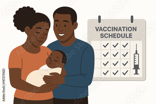 African American mother and father embracing their newborn infant beside a vaccination schedule checklist, representing essential pediatric immunization, family health, and wellness.