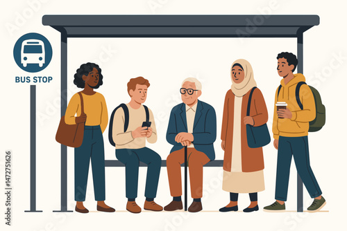 Diverse group of multicultural people, young and old, waiting together at a city bus stop shelter for public transportation. Flat vector illustration representing community and urban life.