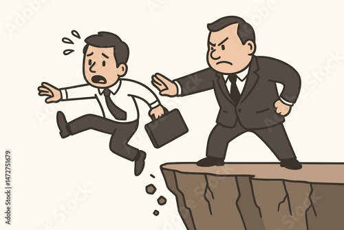 Angry boss pushes scared employee off a cliff edge, metaphor for termination, layoff, workplace conflict, pressure, and business risk. Cartoon vector illustration concept.