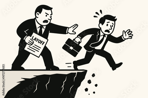 Metaphorical vector illustration of job loss: Stern boss holding layoff papers pushes a fleeing employee with a briefcase off a cliff edge, symbolizing termination and unemployment.