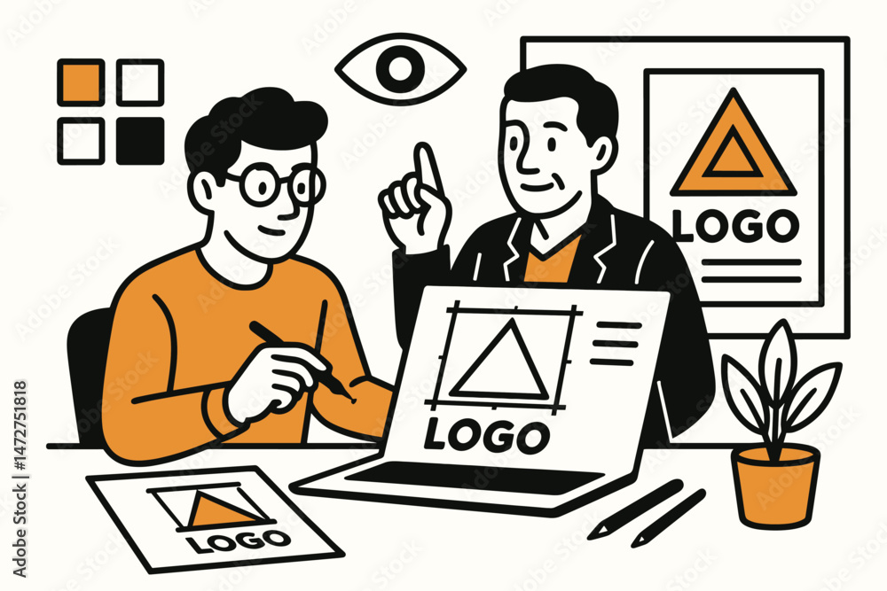 Minimalist vector illustration depicting graphic designer and client collaborating on logo creation and brand identity development, showcasing teamwork and creative process in an agency. Minimalist vector illustration depicting graphic designer and client collaborating on logo creation and brand identity development, showcasing teamwork and creative process in an agency.