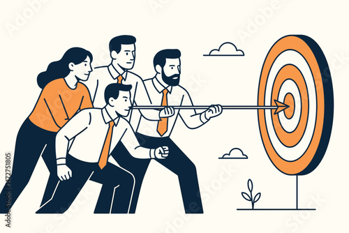 Collaborative Business Team Pushing Giant Arrow Towards Target Bullseye Achieving Shared Goal Success Together Vector Illustration Modern Line Art Design Simple Concept