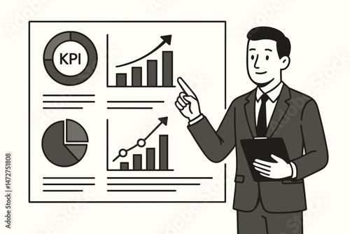 Businessman presenting Key Performance Indicators on a dashboard with charts and graphs. Vector line art illustration showing business analysis, growth, strategy, and metrics reporting.