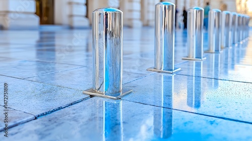 Metal Bollards Reflecting Light on a Tiled Floor